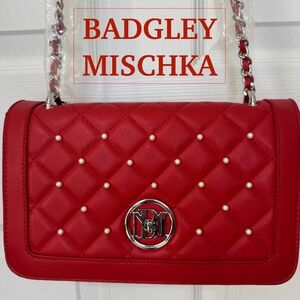 BADGLEY MISCHKA Red Quilted Vegan Leather Crossbody Bag w Faux Pearl Studs NWT